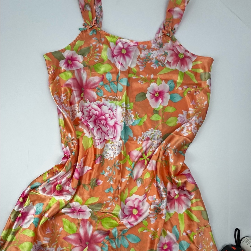 Floral Satin Slip Dress in Peach with Pink Blooms - Picture 6 of 6